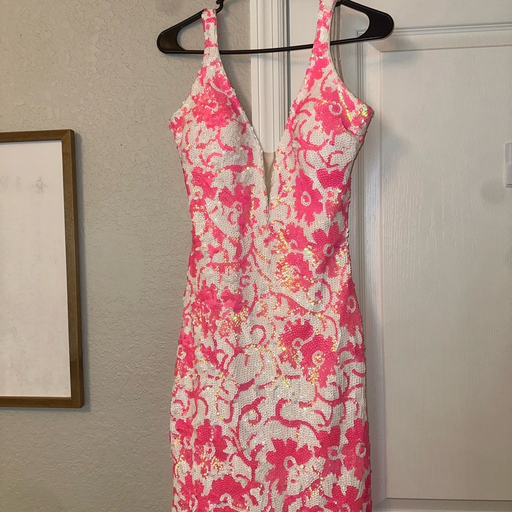 Jovani Pink and White Floral Mini Dress